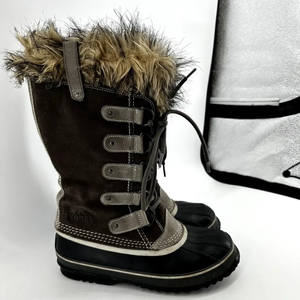 Sorel Joan of Arctic Boots Leather Winter Snow Lace Up Faux Fur Outdoor Gray 9